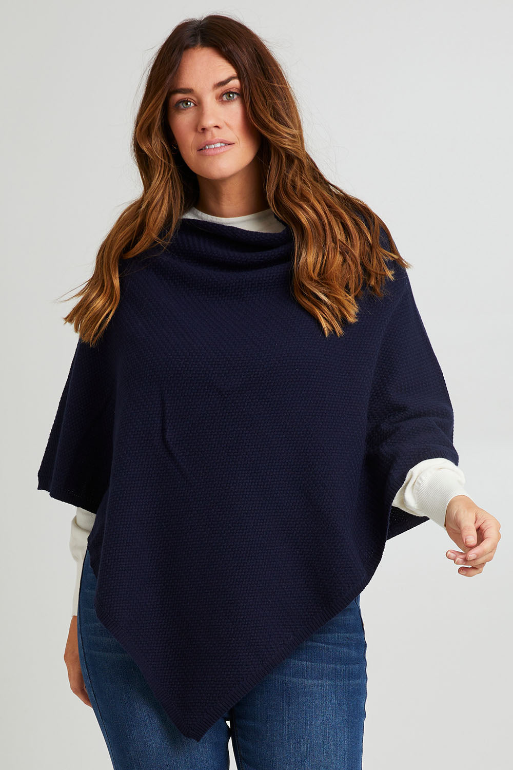 Preloved Cotton Cashmere Wool Poncho - Navy