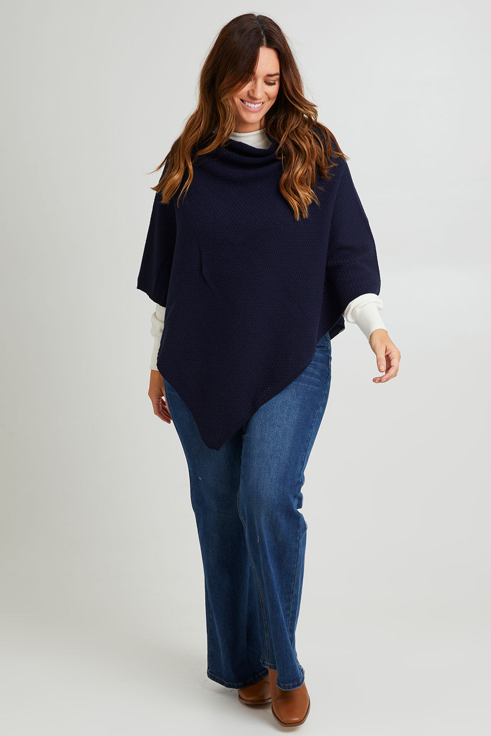 Preloved Cotton Cashmere Wool Poncho - Navy