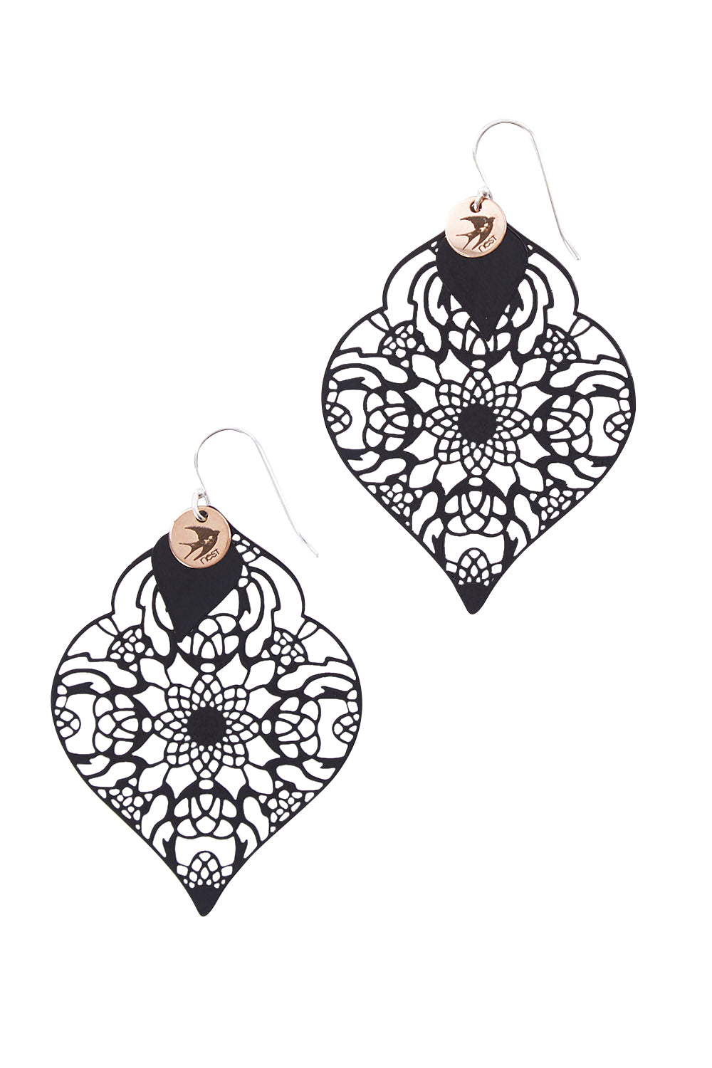 Product shot of the Black On Black Filigree Earring in colour Black (Black), from the front
