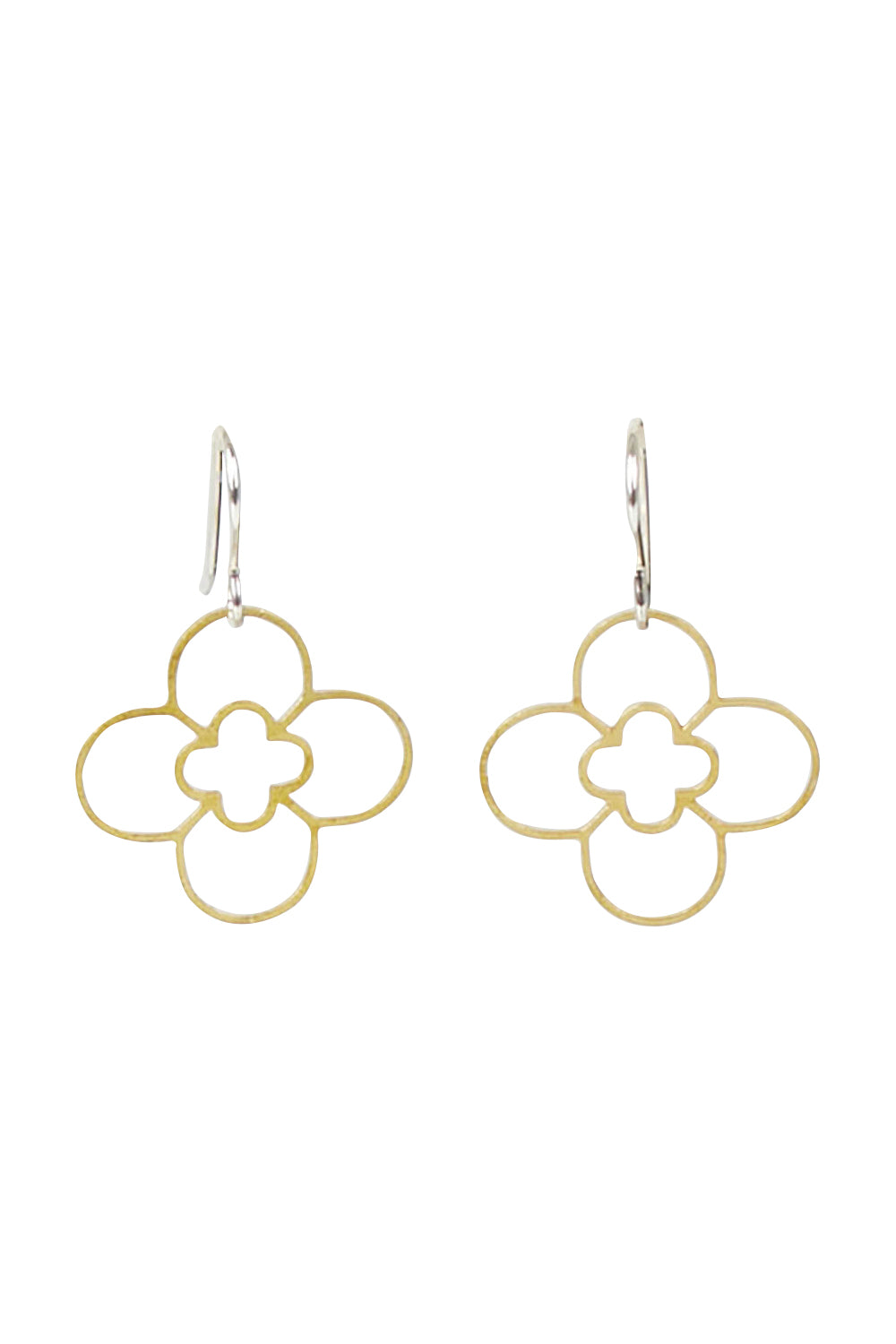 Product shot of the Clover Raw Brass Drop Earring in colour Rawbrass (Metallics), from the front