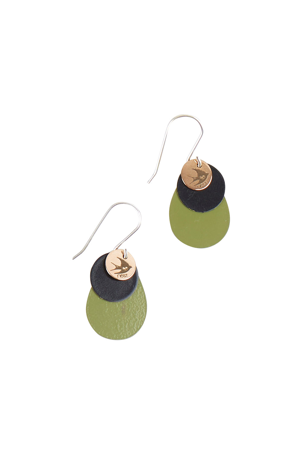 Product shot of the Double Drop Circle Earring in colour Olive (Green), from the front