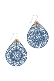 Product shot of the Filigree Earring in colour Denim (Blue), from the front