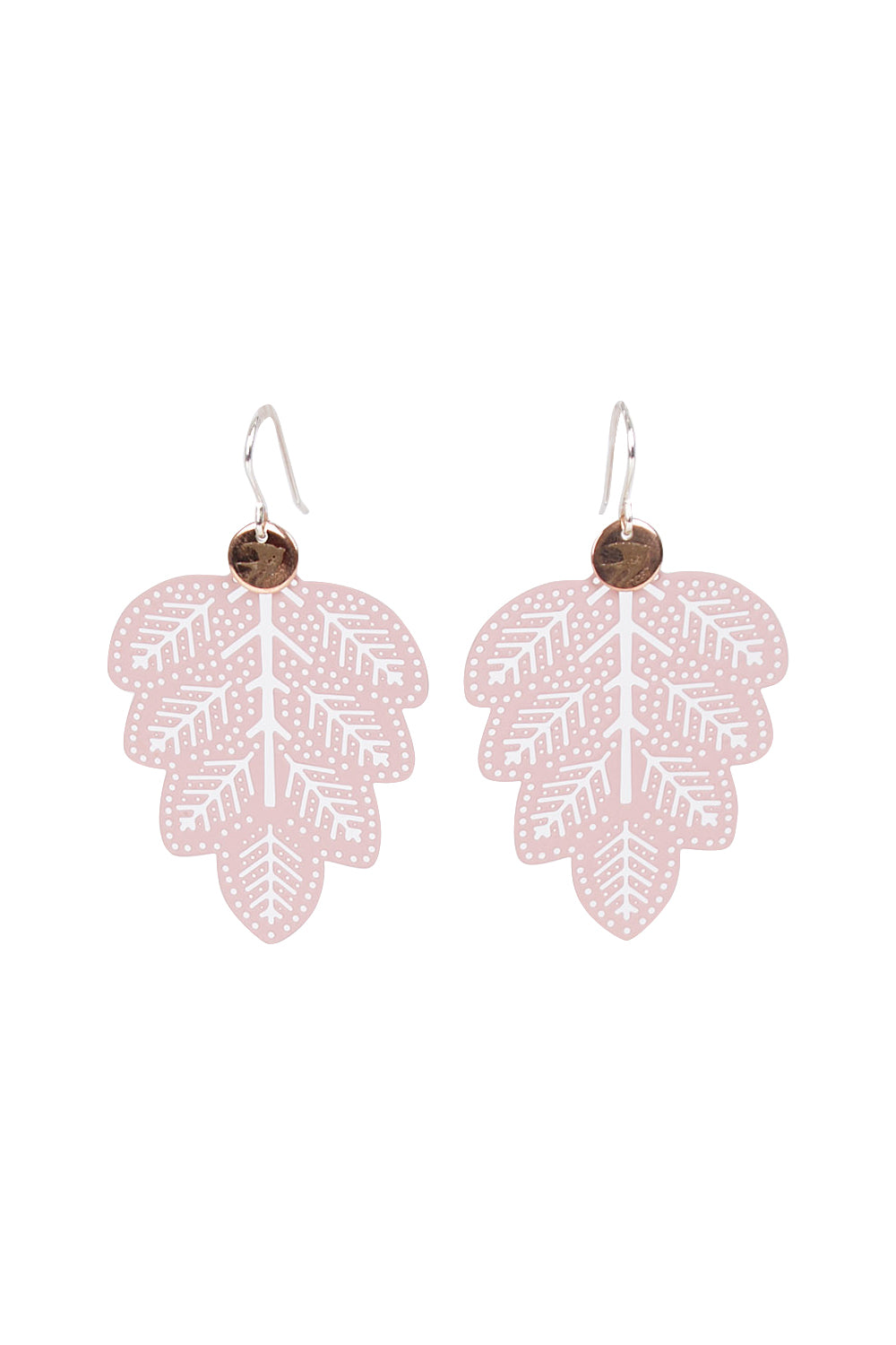 Product shot of the Leaf Filigree Earring in colour Musk (Pink), from the front