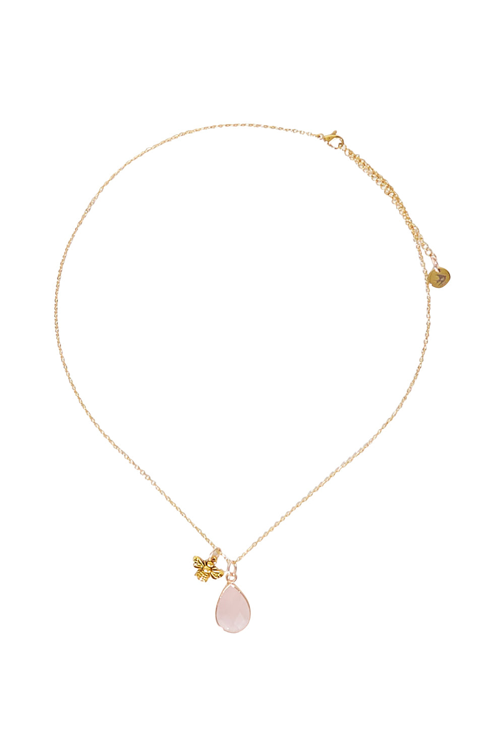 Product shot of the Love Rose Quartz Drop Necklace in colour Rose (Metallics), from the front