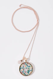 A model wearing size OneSize of the Secret Garden Pendant With Rose Quartz Necklace in colour Metallic (Metallics), from the front, showing the whole outfit