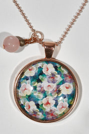 A model wearing size OneSize of the Secret Garden Pendant With Rose Quartz Necklace in colour Metallic (Metallics), from the front, showing the whole outfit