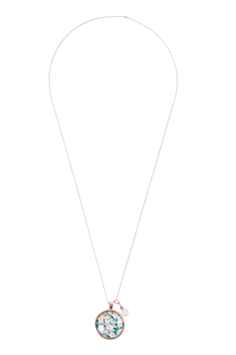 Product shot of the Secret Garden Pendant With Rose Quartz Necklace in colour Metallic (Metallics), from the front