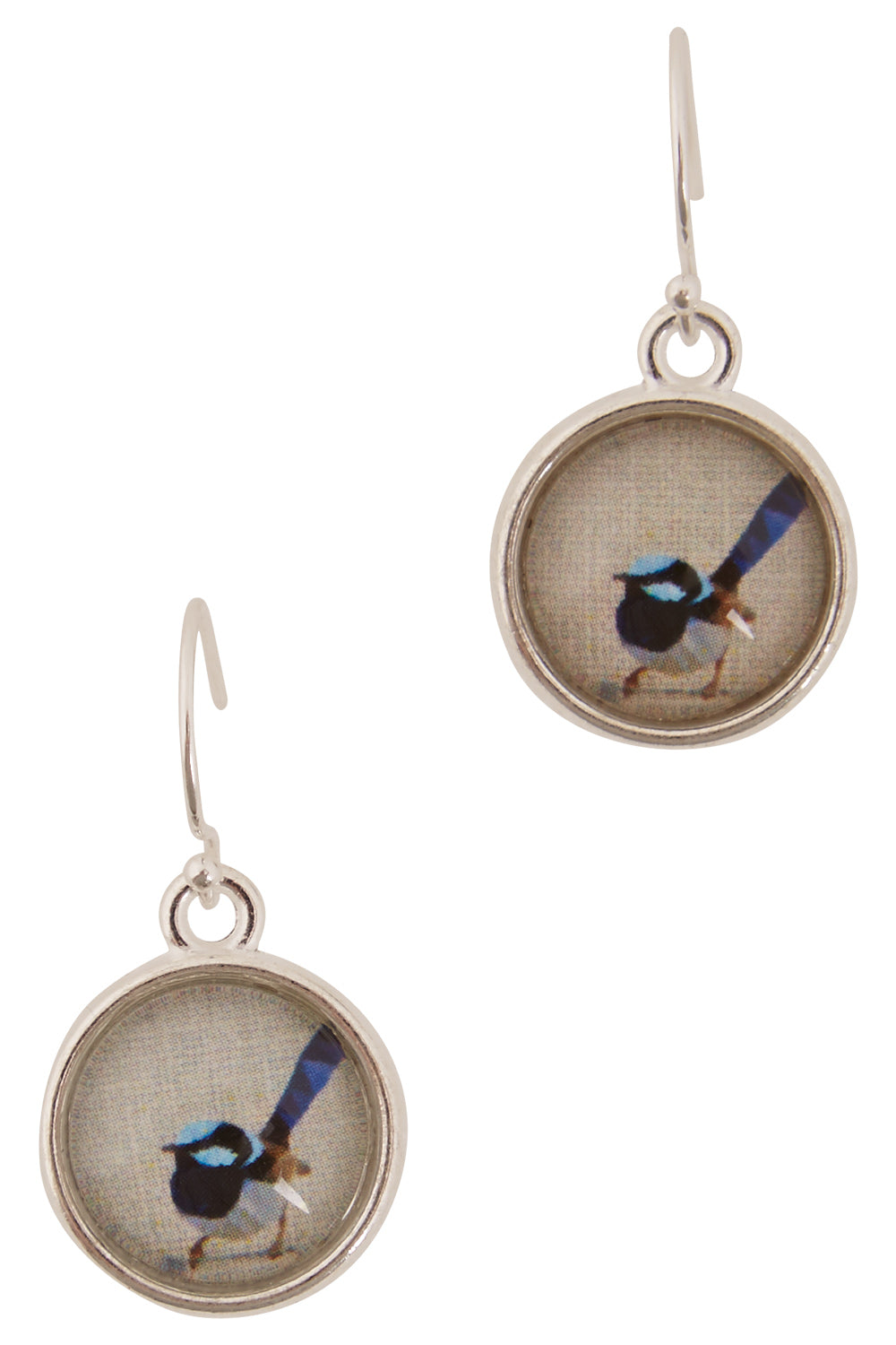Product shot of the Blue Wren Drop Earrings in colour Grey (Grey), from the front