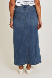 Model Sandy wearing the High Rise Long Skirt in colour Fairmont (Blue), from the back