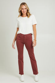 Model Grace wearing the Marilyn Straight Jean in colour Emotion (Red), from the front, showing the whole outfit