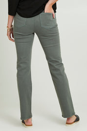 Model Grace wearing the Marilyn Straight Jean in colour Sageleaf (Green), from the back