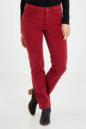 Model Kelly wearing the Marilyn Straight in colour Boysnberry (Red), from the front, cropped image
