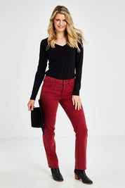 Model Kelly wearing the Marilyn Straight in colour Boysnberry (Red), from the front, showing the whole outfit
