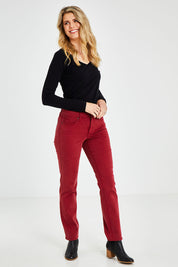 Model Kelly wearing the Marilyn Straight in colour Boysnberry (Red), from the front, showing the whole outfit