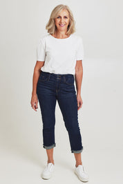 Model Sandy wearing the Chloe Capri Jean in colour Northbridg (Blue), from the front, showing the whole outfit
