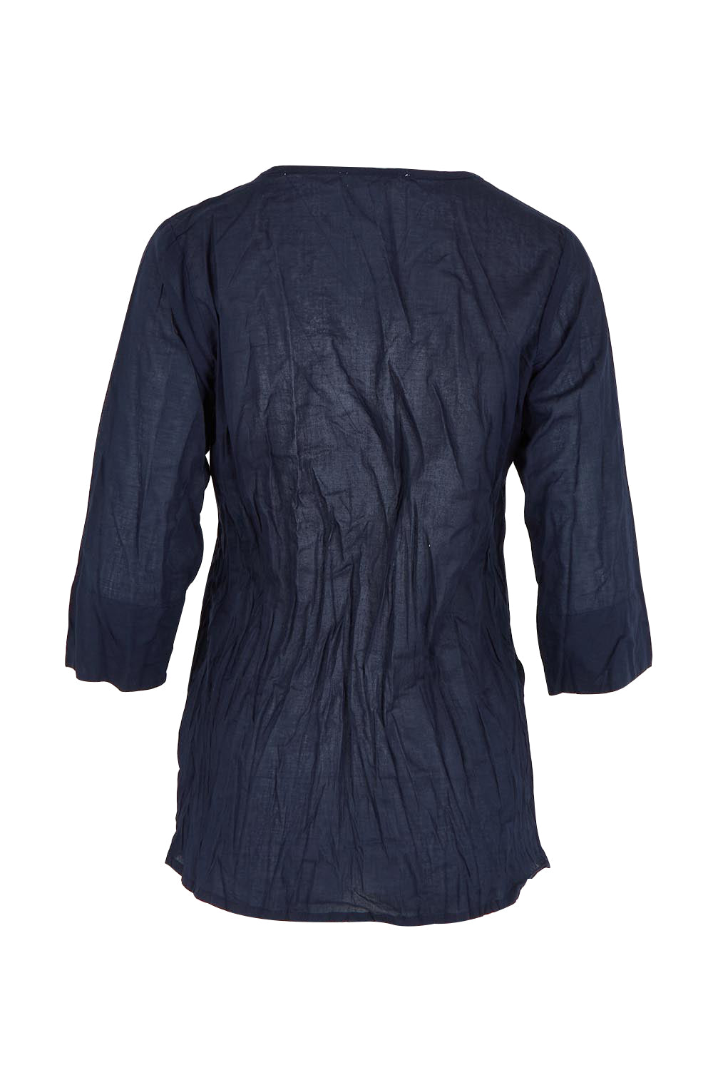 Product shot of the Evie 3/4 Sleeve Pleated Cotton Top in colour Navy (Blue), from the back
