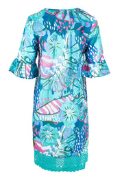 Product shot of the Hannah Short Sleeve Boho Dress in colour Print1 (Blue), from the back