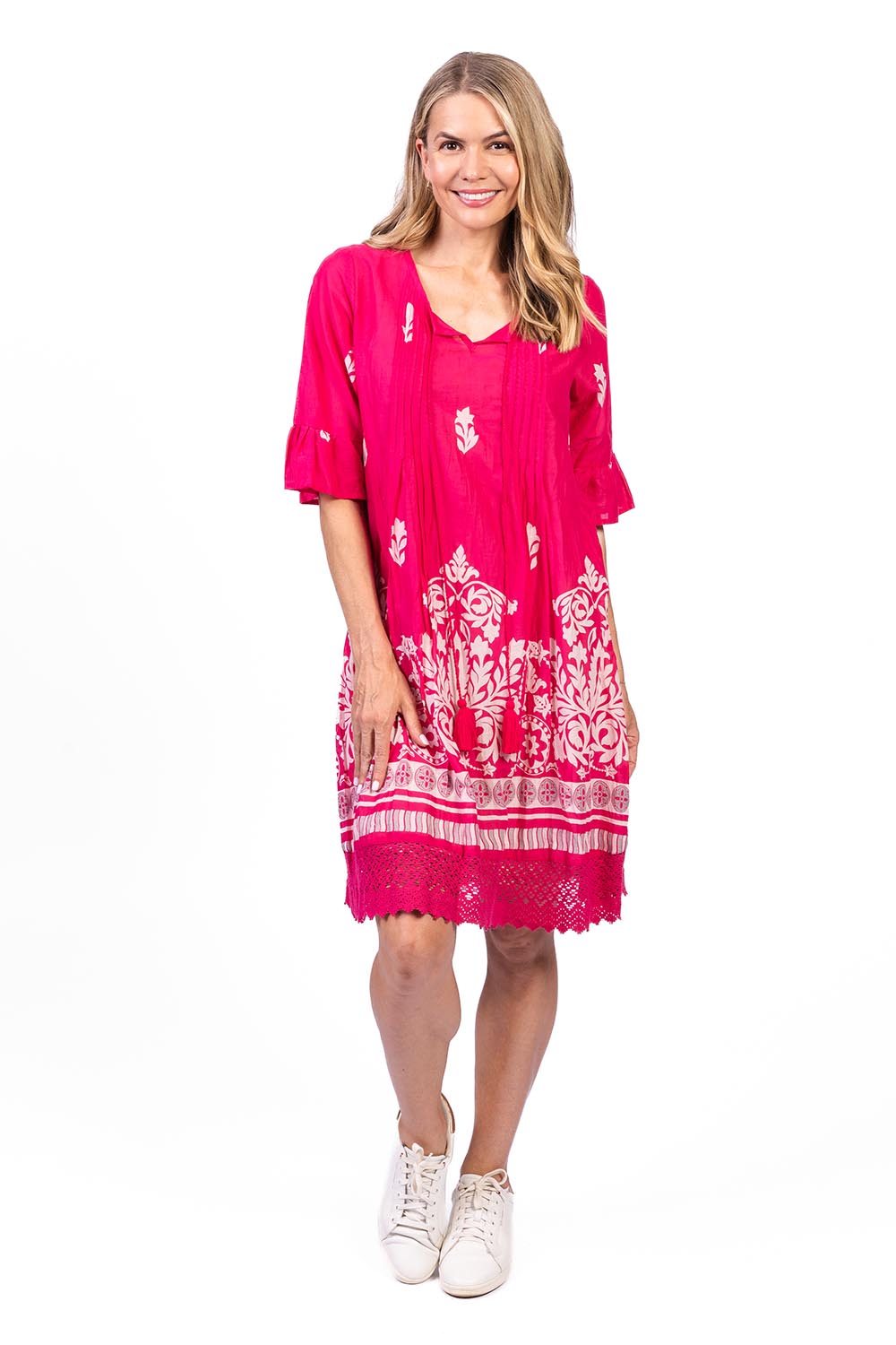 Model Genericm wearing size sample of the Hannah Cotton Dress - Pink in colour Pink, from the front