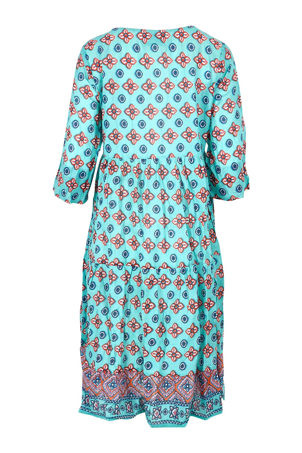 Product shot of the Rebecca Cotton Tie Neck Dress in colour Diamond1 (Blue), from the back