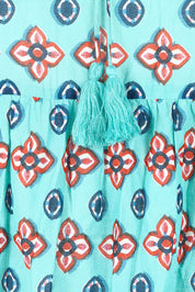 Product shot of the Rebecca Cotton Tie Neck Dress in colour Diamond1 (Blue), detail