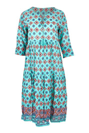 Product shot of the Rebecca Cotton Tie Neck Dress in colour Diamond1 (Blue), from the front