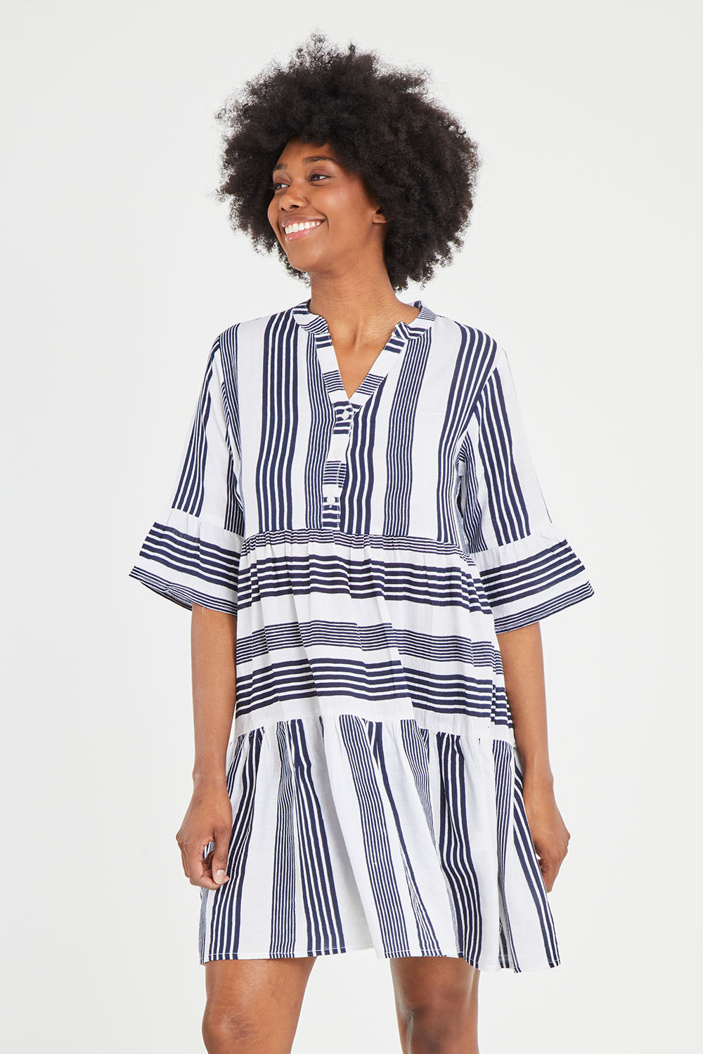 Model Aiyana wearing size 10 of the Maya Button V Neck Layer Dress in colour Navy (Blue), from the front, cropped image