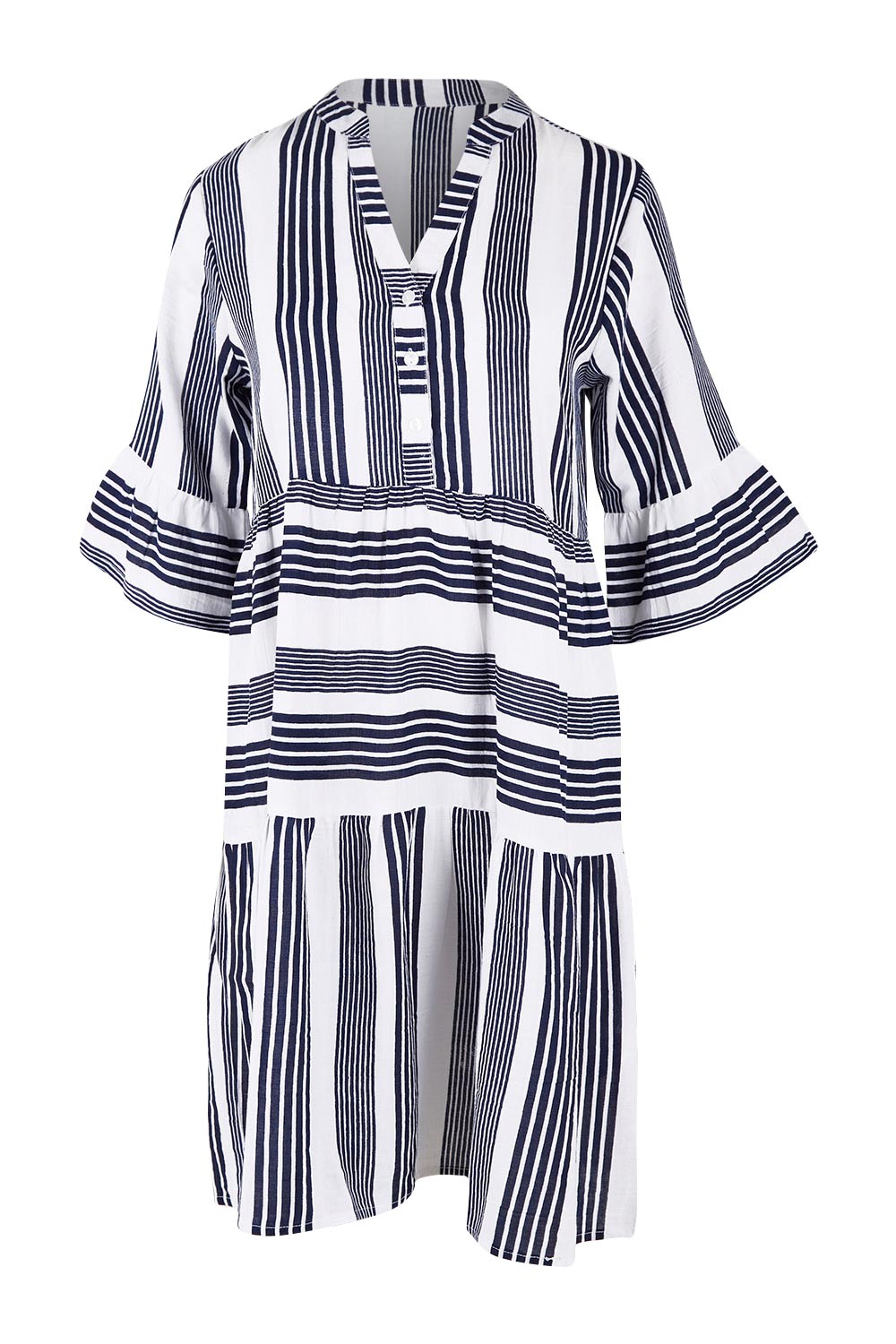 Product shot of the Maya Button V Neck Layer Dress in colour Navy (Blue), from the front