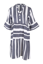 Product shot of the Maya Button V Neck Layer Dress in colour Navy (Blue), from the front