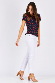 Model Madeline wearing the First Mix Top in colour Cherry (Black), from the front, showing the whole outfit
