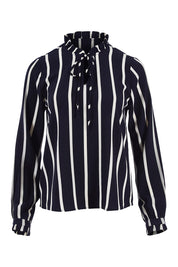 Product shot of the Nova Lux Long Sleeve Tie Top in colour AidaStripe (Black), from the front