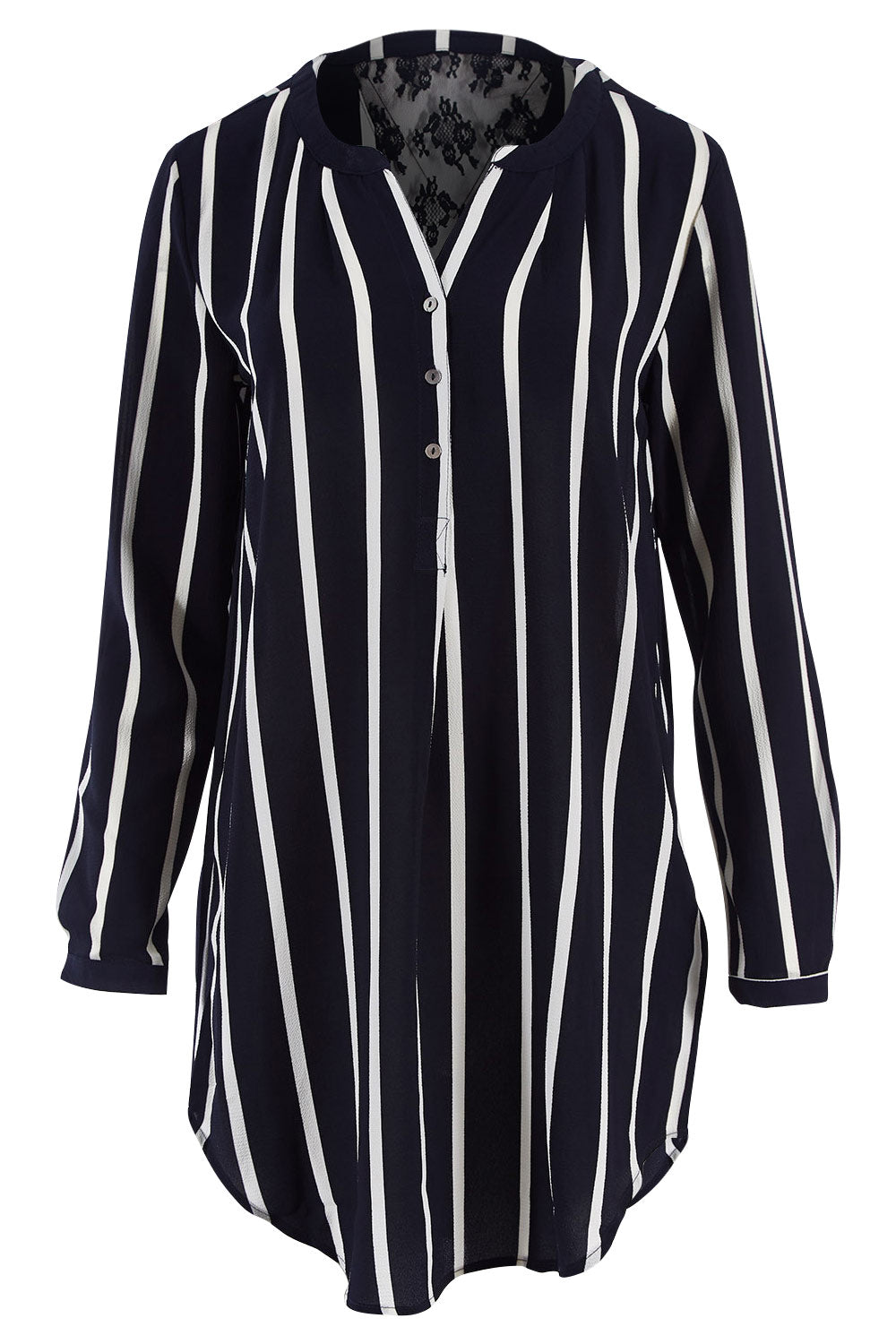 Product shot of the Aida Long Tunic Shirt in colour AidaStripe (Black), from the front