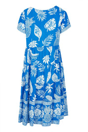 Product shot of the Short Sleeve Layers Dress in colour Comodoro (Blue), from the back