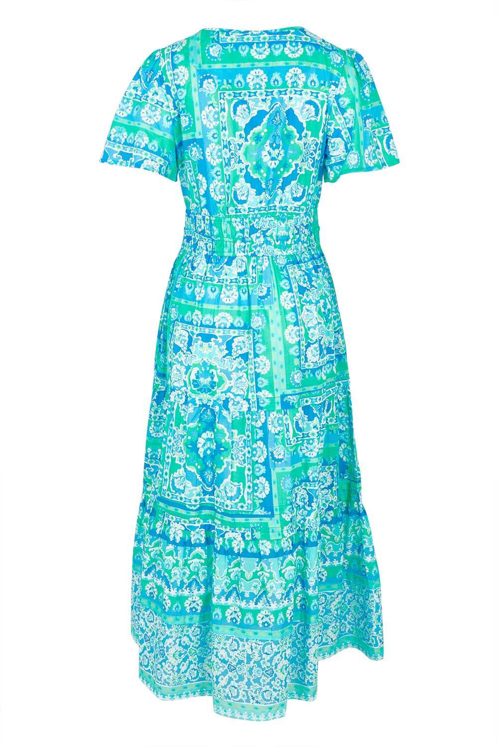 Product shot of the Short Sleeve Cotton Midi Dress in colour Aqua (Blue), from the back