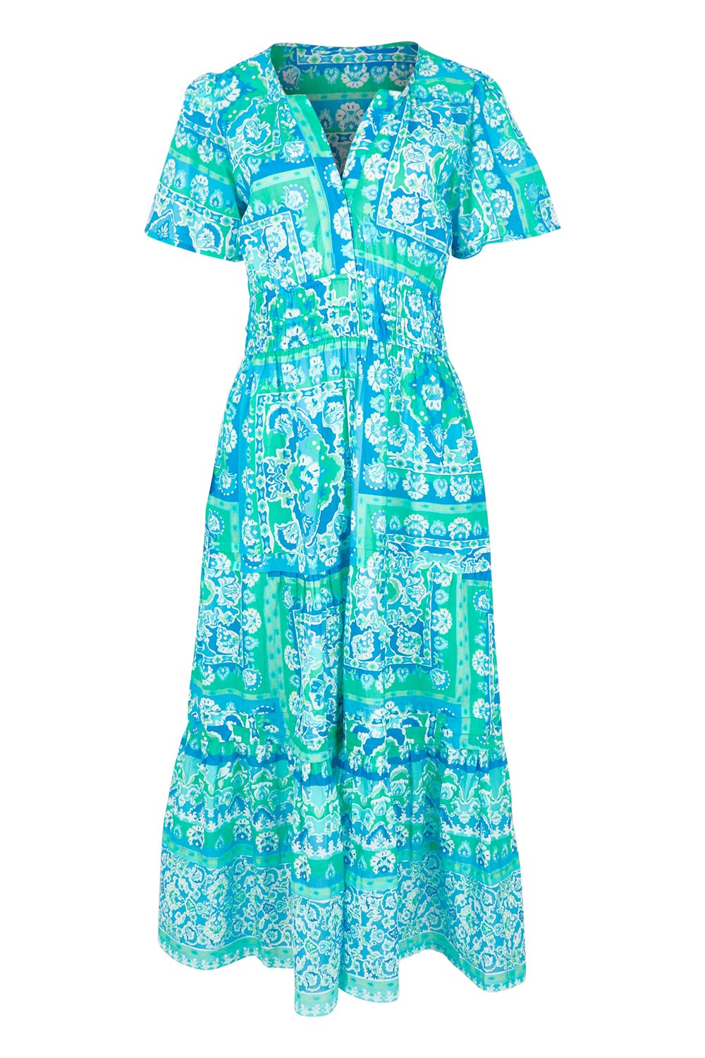 Product shot of the Short Sleeve Cotton Midi Dress in colour Aqua (Blue), from the front