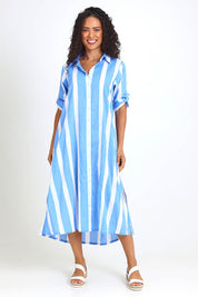 Model Pamelar wearing size 10 of the Long Buttonthrough Dress – Blue in colour Blue, from the front
