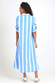 Model Pamelar wearing size 10 of the Long Buttonthrough Dress – Blue in colour Blue, from the front