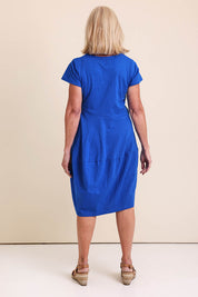 Model Sandys wearing size 10 of the Essentials Bubble Cotton Knit Dress - Blue in colour Blue, from the front
