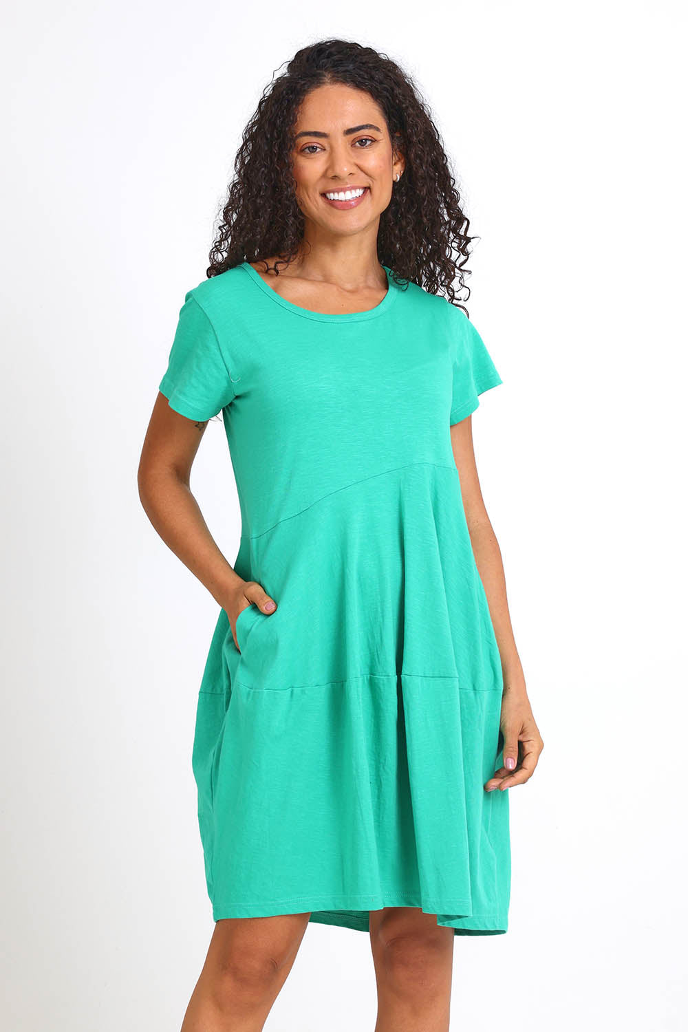 Model Pamelar wearing size 10 of the Essentials Bubble Cotton Knit Dress - Green in colour Green, from the front