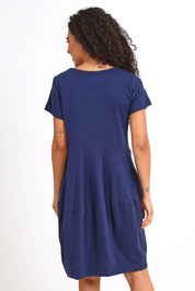 Model Pamelar wearing size 10 of the Essentials Bubble Cotton Knit Dress - Navy in colour Navy, from the back