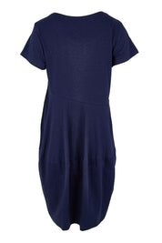 Product shot of the Essentials Bubble Cotton Knit Dress - Navy in colour Navy, from the back