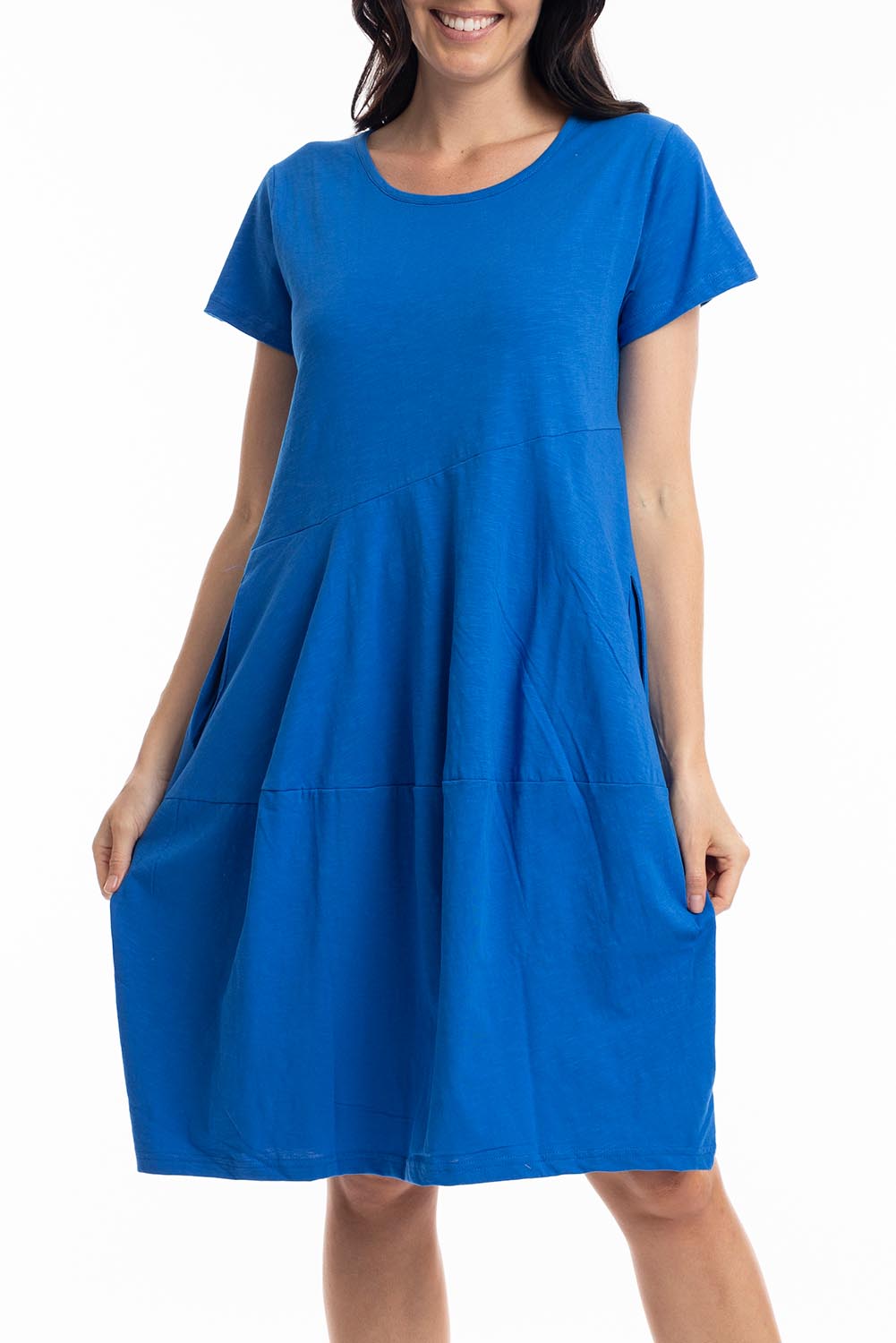 A model wearing the Essentials Knit Bubble Dress in colour Electricbl (Blue), from the front, cropped image