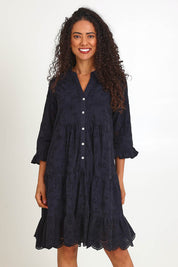 Model Pamelar wearing size 10 of the Essentials Broderie Frill Hem and Sleeves Dress - Black in colour Black, in a cropped view