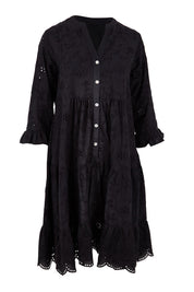 Product shot of the Essentials Broderie Frill Hem and Sleeves Dress - Black in colour Black, from the front