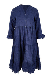 Product shot of the Essentials Broderie Frill Hem And Sleeves Dress - Navy in colour Navy, from the front