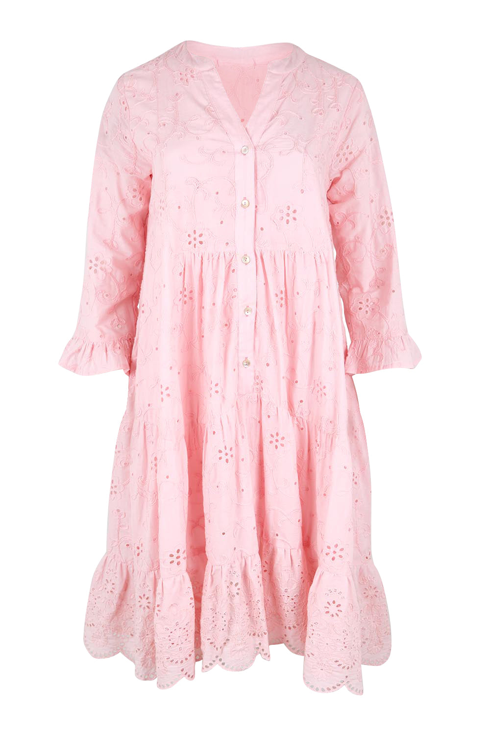 Product shot of the Essentials Broderie Frill Hem and Sleeves Dress - Pink in colour Pink, from the front