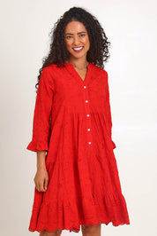 Model Pamelar wearing size 10 of the Essentials Broderie Frill Hem and Sleeves Dress - Red in colour Red, in a cropped view