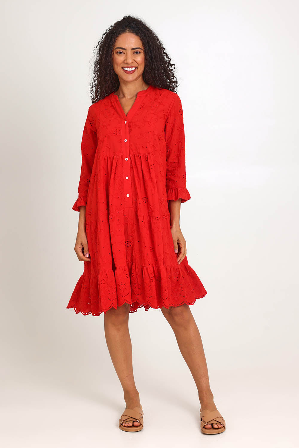 Model Pamelar wearing size 10 of the Essentials Broderie Frill Hem and Sleeves Dress - Red in colour Red, from the front
