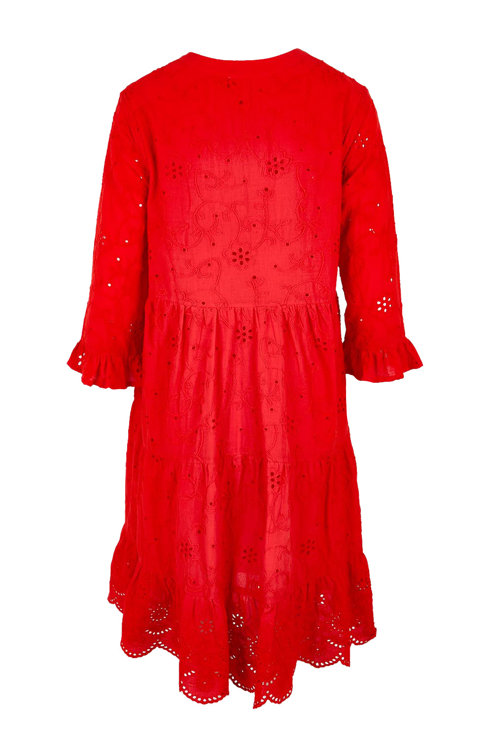 Product shot of the Essentials Broderie Frill Hem and Sleeves Dress - Red in colour Red, from the back