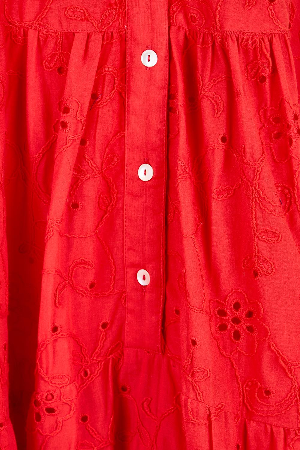 Product shot of the Essentials Broderie Frill Hem and Sleeves Dress - Red in colour Red, showing detail