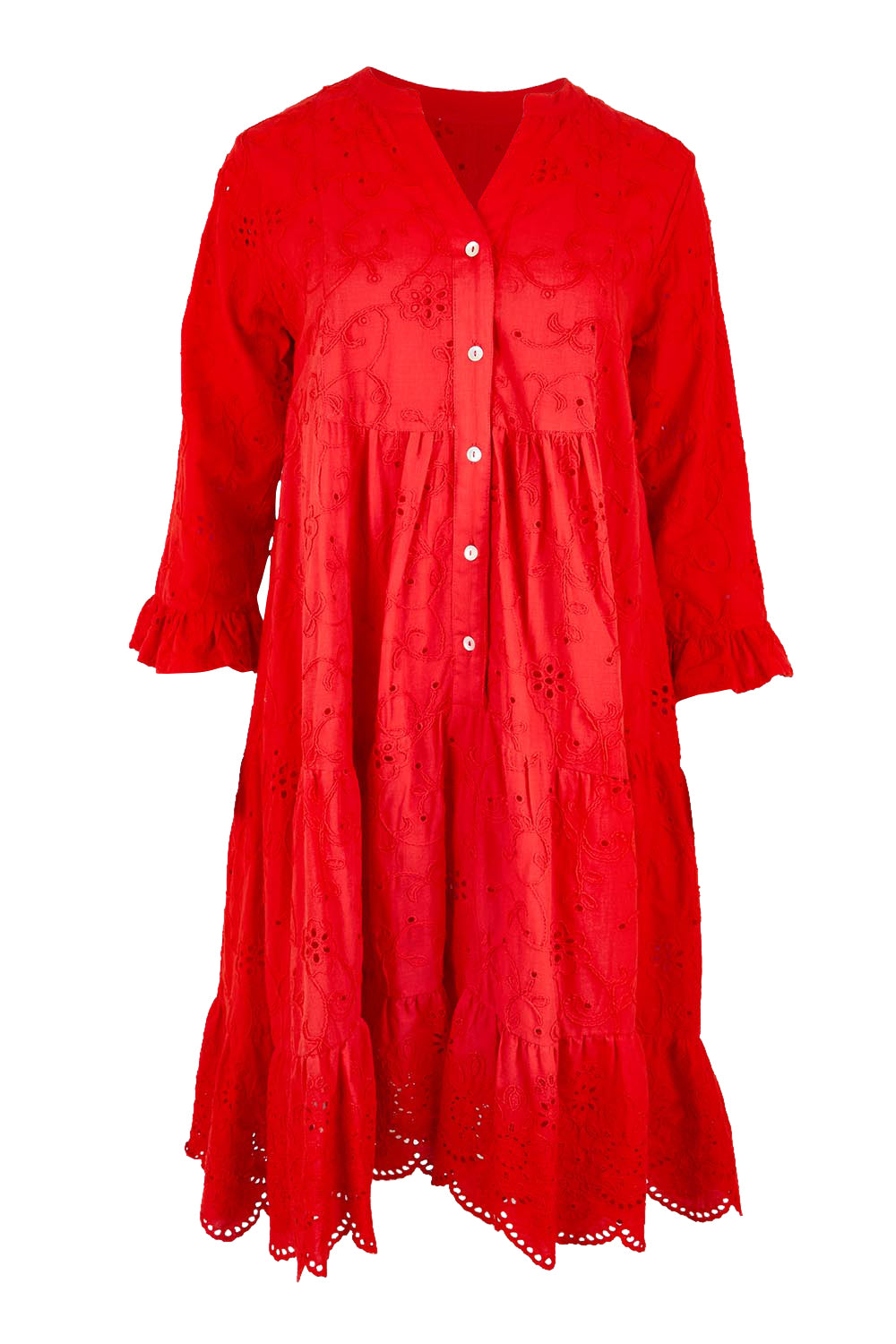Product shot of the Essentials Broderie Frill Hem and Sleeves Dress - Red in colour Red, from the front